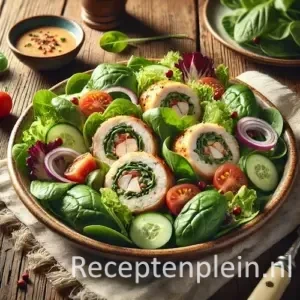 Gemengde salade met gevulde kiprolletjes op rustieke houten tafel
