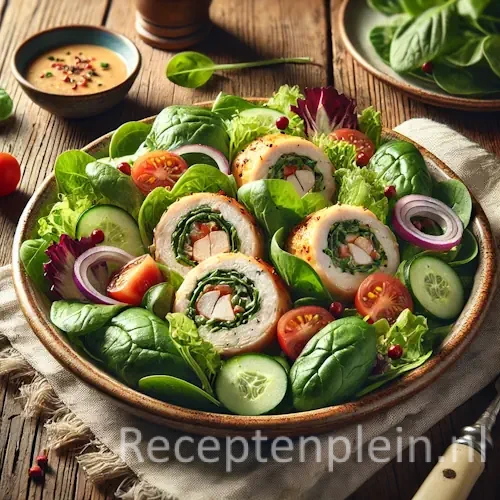 Gemengde salade met gevulde kiprolletjes op rustieke houten tafel