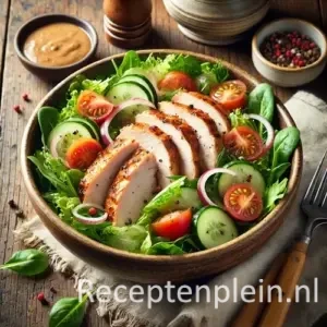 Gerookte kipsalade op rustieke houten tafel