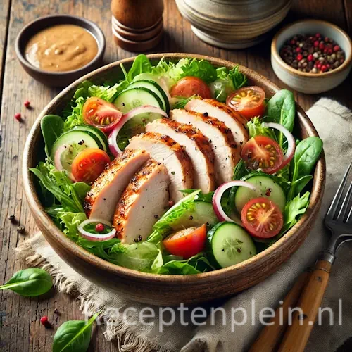 Gerookte kipsalade op rustieke houten tafel