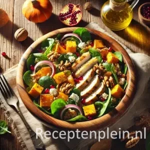 Herfstsalade met kip op rustieke houten tafel