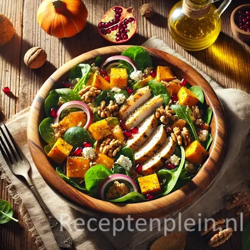 Herfstsalade met kip op rustieke houten tafel