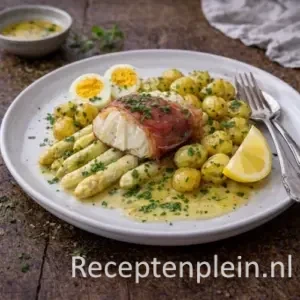 Kabeljauw met asperges op rustieke houten tafel