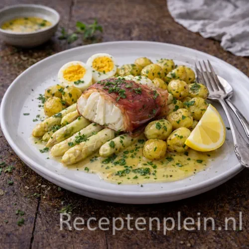 Kabeljauw met asperges op rustieke houten tafel