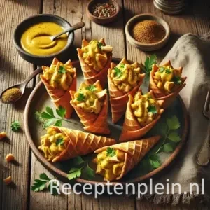 Kipfilethoorntjes met kerriesalade op rustieke houten tafel