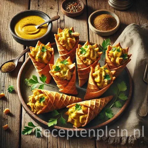 Kipfilethoorntjes met kerriesalade op rustieke houten tafel