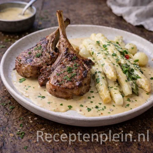 Lamskotelet met asperges op rustieke houten tafel