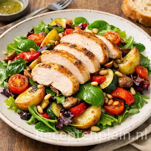 Lauwwarme gemengde salade met gerookte kip op rustieke houten tafel.