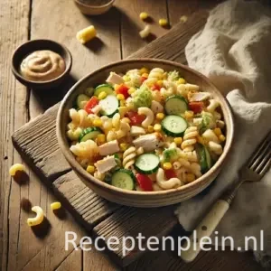 Macaroni kipsalade op rustieke houten tafel