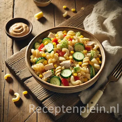 Macaroni kipsalade op rustieke houten tafel