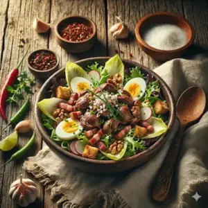 Salade de gésiers op een rustieke houten tafel