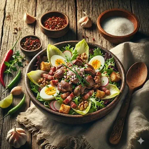Salade de gésiers op een rustieke houten tafel