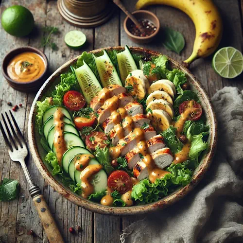 Salade met kip en exotische bananesaus op een rustieke houten tafel