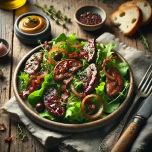 Salade van kippelevertjes op rustieke houten tafel
