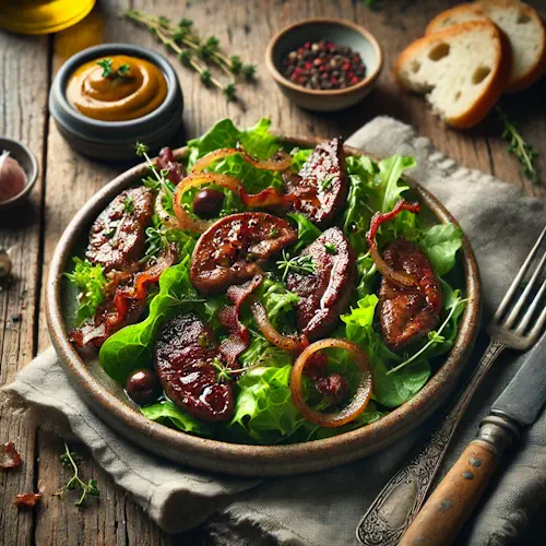 Salade van kippelevertjes op rustieke houten tafel