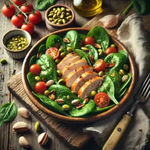 Spinaziesalade met gerookte kipfilet en pistachenoten op rustieke houten tafel