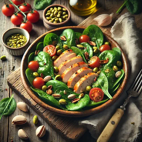 Spinaziesalade met gerookte kipfilet en pistachenoten op rustieke houten tafel