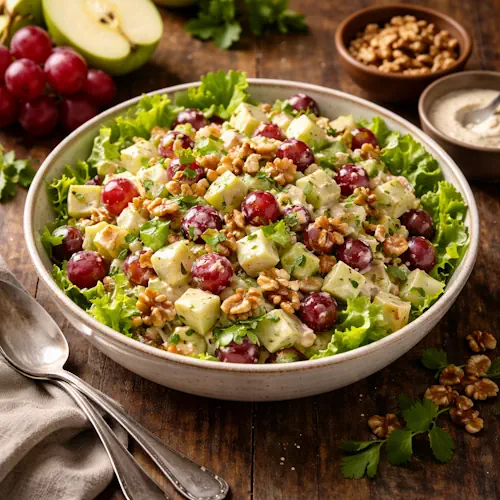 Waldorfsalade op rustieke houten tafel