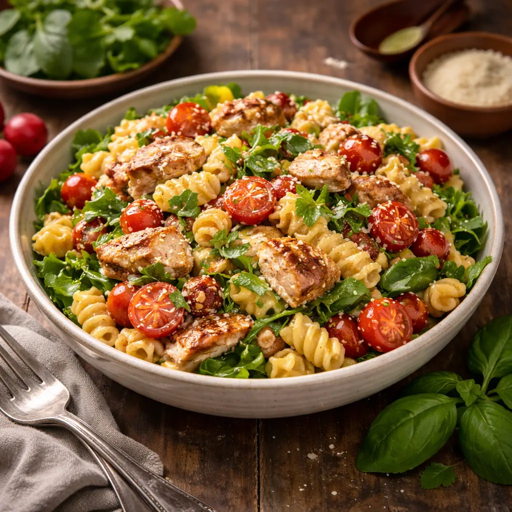 Warme pastasalade met kip, tomaat en kruiden op rustieke houten tafel