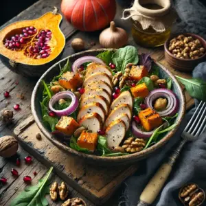 Wintersalade met gerookte kipfilet op rustieke houten tafel