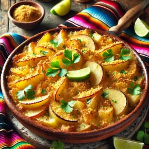 Een Mexicaans geïnspireerde presentatie van aardappel-appelgratin, geserveerd in een rustieke aardewerken ovenschaal. De goudbruine, knapperige bovenlaag is bestrooid met paneermeel, terwijl de lagen van zachte aardappelschijfjes en appelstukjes subtiel zichtbaar zijn. De schotel is gegarneerd met verse koriander en partjes limoen. De setting bevat kleurrijke Mexicaanse textielpatronen, een houten tafel en warm, sfeervol licht, wat zorgt voor een uitnodigende eetervaring. 🥔🍏✨