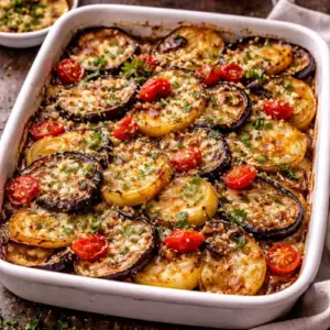 Aardappel Aubergineschotel uit de Oven op rustieke houten tafel