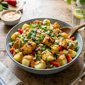 Aardappel kipsalade met tandoorisaus op rustique houten tafel