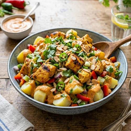 Aardappel kipsalade met tandoorisaus op rustique houten tafel