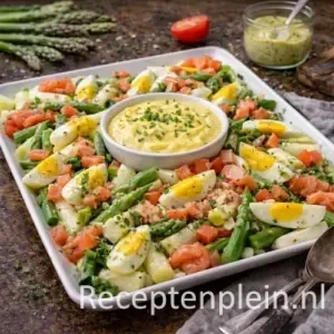 Aspergesalade met Gerookte Zalm op rustieke houten tafel