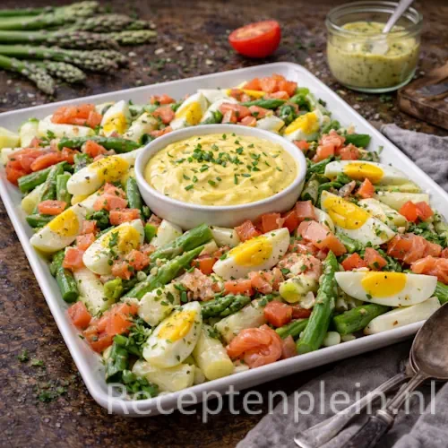 Aspergesalade met Gerookte Zalm op rustieke houten tafel