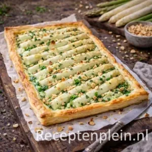 Aspergetaart met Geitenkaas op rustieke houten tafel