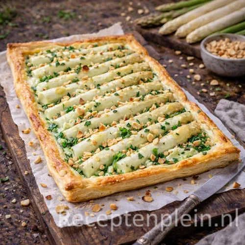 Aspergetaart met Geitenkaas op rustieke houten tafel