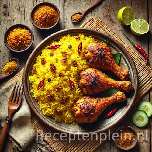 Natuurgetrouwe foodfoto van Balinese drumsticks met gele kokosrijst geserveerd op een handgemaakt keramisch bord op een rustieke houten tafel. Goudbruin gegrilde kipdrumsticks met gekaramelliseerde kruidenkorst liggen naast een berg luchtige geelgekleurde kokosrijst met kurkuma. Rondom liggen partjes limoen, plakjes komkommer, rode pepers en een schaaltje sambal op een bamboemat. Gefotografeerd in helder natuurlijk daglicht met losse rijstkorrels en lichte saussporen voor een authentieke, tropische huiselijke uitstraling.