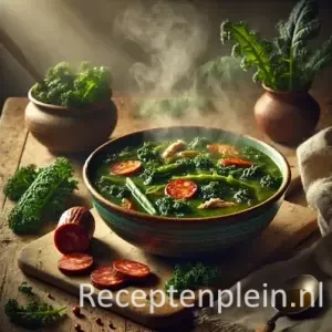 Hyper-realistische foodfoto van boerenkoolsoep met gerookte kip en plakjes chorizo in een rustieke keramische kom, geplaatst op een houten tafel. De soep is diepgroen met zichtbare boerenkoolbladeren, stukjes gerookte kip en ronde plakken chorizo, met lichte stoom die opstijgt. Rondom liggen verse boerenkool, gesneden chorizo op een houten plank, een linnen doek en een vintage lepel, warm natuurlijk belicht in een rustieke setting.