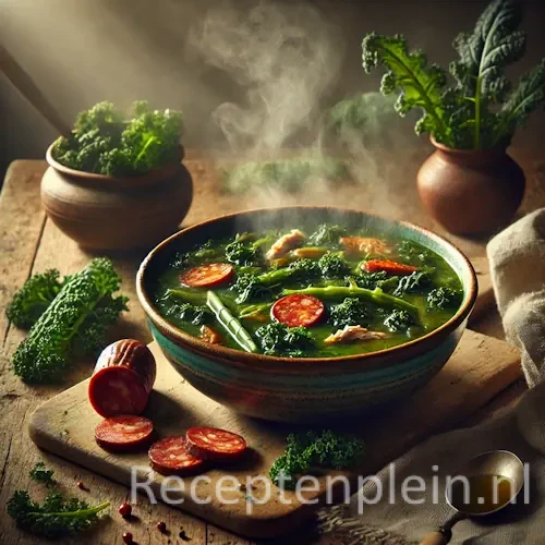 Hyper-realistische foodfoto van boerenkoolsoep met gerookte kip en plakjes chorizo in een rustieke keramische kom, geplaatst op een houten tafel. De soep is diepgroen met zichtbare boerenkoolbladeren, stukjes gerookte kip en ronde plakken chorizo, met lichte stoom die opstijgt. Rondom liggen verse boerenkool, gesneden chorizo op een houten plank, een linnen doek en een vintage lepel, warm natuurlijk belicht in een rustieke setting.