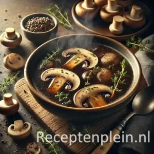 Hyper-realistische foodfoto van bospaddestoelenbouillon met portobelloplakken in een diepe keramische kom op een rustieke houten tafel. De heldere donkeramberkleurige bouillon bevat schijfjes portobello en wilde paddenstoelen, afgewerkt met verse tijm, peterselie en een drizzle kruidenolie, met lichte stoom die opstijgt. Op tafel liggen hele paddenstoelen, een vintage soeplepel en een linnen doek, warm en sfeervol belicht in een herfstachtige setting.