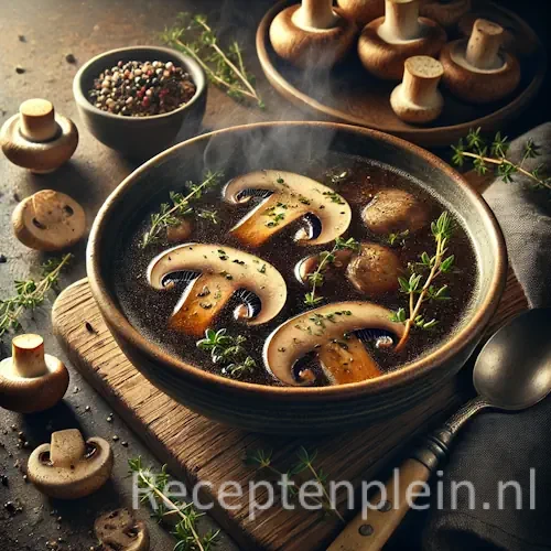 Hyper-realistische foodfoto van bospaddestoelenbouillon met portobelloplakken in een diepe keramische kom op een rustieke houten tafel. De heldere donkeramberkleurige bouillon bevat schijfjes portobello en wilde paddenstoelen, afgewerkt met verse tijm, peterselie en een drizzle kruidenolie, met lichte stoom die opstijgt. Op tafel liggen hele paddenstoelen, een vintage soeplepel en een linnen doek, warm en sfeervol belicht in een herfstachtige setting.