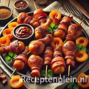 Hyper-realistische foodfoto van Cajun kipkluifjes en spek-abrikozen spiesjes op een donker serveerbord op een rustieke houten tafel. De kipkluifjes hebben een roodbruine, kruidige Cajunkorst met licht gekarameliseerde randjes. Daarnaast liggen spiesjes met abrikozen omwikkeld in krokant spek, licht glanzend van een glaze. Geserveerd met een schaaltje dipsaus, verse peterselie en een linnen servet, warm natuurlijk belicht in een gezellige barbecue sfeer.