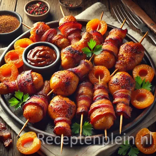Hyper-realistische foodfoto van Cajun kipkluifjes en spek-abrikozen spiesjes op een donker serveerbord op een rustieke houten tafel. De kipkluifjes hebben een roodbruine, kruidige Cajunkorst met licht gekarameliseerde randjes. Daarnaast liggen spiesjes met abrikozen omwikkeld in krokant spek, licht glanzend van een glaze. Geserveerd met een schaaltje dipsaus, verse peterselie en een linnen servet, warm natuurlijk belicht in een gezellige barbecue sfeer.