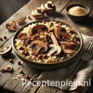 Natuurgetrouwe foodfoto van champignoncouscous met gerookte kip in een eenvoudige keramische kom op een rustieke houten tafel. Luchtige couscouskorrels liggen losjes gemengd met gebakken champignonplakjes en reepjes gerookte kip met een matte, natuurlijke textuur. Enkele couscouskorrels liggen verspreid op tafel voor een realistisch effect. Een eenvoudige vork en een licht gekreukte linnen doek liggen naast de kom, zacht belicht door natuurlijk raamlicht in warme, ingetogen tinten.