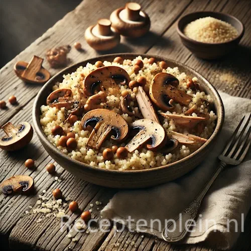 Natuurgetrouwe foodfoto van champignoncouscous met gerookte kip in een eenvoudige keramische kom op een rustieke houten tafel. Luchtige couscouskorrels liggen losjes gemengd met gebakken champignonplakjes en reepjes gerookte kip met een matte, natuurlijke textuur. Enkele couscouskorrels liggen verspreid op tafel voor een realistisch effect. Een eenvoudige vork en een licht gekreukte linnen doek liggen naast de kom, zacht belicht door natuurlijk raamlicht in warme, ingetogen tinten.