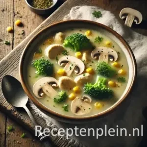 Natuurgetrouwe foodfoto van romige champignonsoep met broccoli, maïs en stukjes kip in een eenvoudige keramische kom op een rustieke houten tafel. In de licht beige soep drijven plakjes champignon, kleine broccoliroosjes, gele maïskorrels en malse kip, losjes verdeeld zonder overdreven glans. De rand van de kom heeft lichte druppels, met enkele kruimels op tafel. Een metalen lepel en een gekreukte linnen doek liggen ernaast, zacht belicht door natuurlijk raamlicht in warme, realistische tinten.
