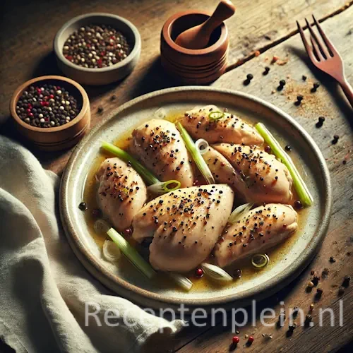Hyperrealistische foodfoto van zacht gestoomde kipstukken met vel, bestrooid met grof gemalen zwarte peper en lente-ui, geserveerd op een ovale keramische schaal op een rustieke houten tafel. De kip glanst licht van de stoom en kookvocht. Op de achtergrond staan schaaltjes met peperkorrels, een pepermolen, sojasaus en een linnen servet in zacht natuurlijk daglicht met subtiele schaduwen.