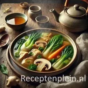 Hyperrealistische foodfoto van Chinese kippensoep in een aardewerken kom op een rustieke houten tafel, licht uitgezoomd zodat het tafelblad goed zichtbaar is. De heldere goudkleurige bouillon bevat stukjes kip, champignons, paksoi, wortel en lente-ui met lichte stoom die opstijgt. Op tafel staan een theepot, een kopje thee, verse gember en een linnen doek in warm natuurlijk zijlicht met een premium foodmagazine uitstraling.