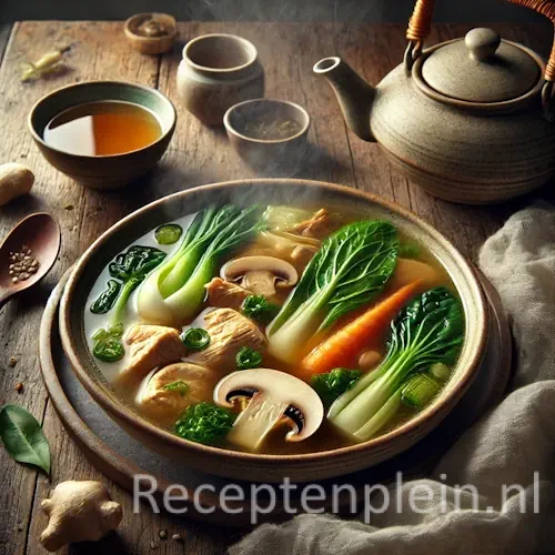 Hyperrealistische foodfoto van Chinese kippensoep in een aardewerken kom op een rustieke houten tafel, licht uitgezoomd zodat het tafelblad goed zichtbaar is. De heldere goudkleurige bouillon bevat stukjes kip, champignons, paksoi, wortel en lente-ui met lichte stoom die opstijgt. Op tafel staan een theepot, een kopje thee, verse gember en een linnen doek in warm natuurlijk zijlicht met een premium foodmagazine uitstraling.