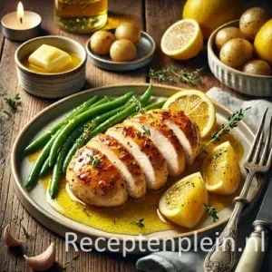 Citroenboter kipfilet in romige saus op rustieke houten tafel