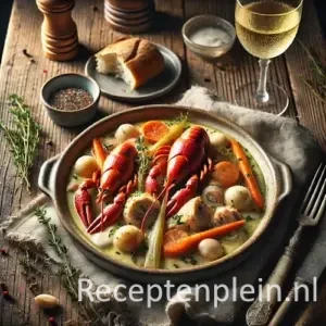 Coq au vin blanc met rivierkreeftjes en vanille in een diepe stoofpan met romige wittewijnsaus, op een rustieke houten tafel
