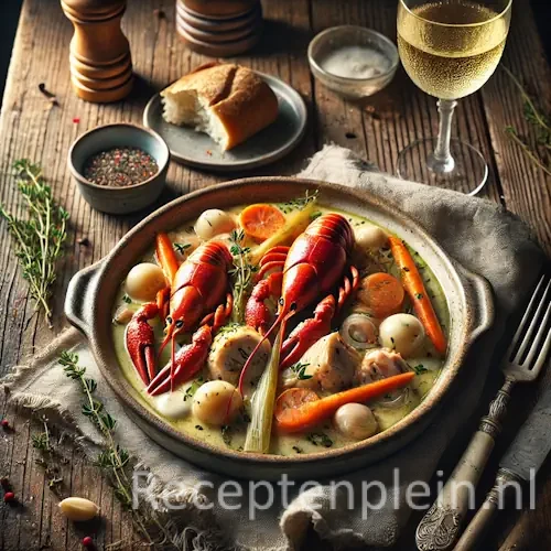 Coq au vin blanc met rivierkreeftjes en vanille in een diepe stoofpan met romige wittewijnsaus, op een rustieke houten tafel