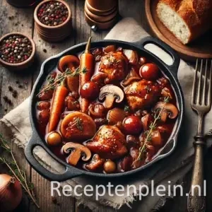 Coq au vin met kip in rode wijnsaus op rustieke houten tafel