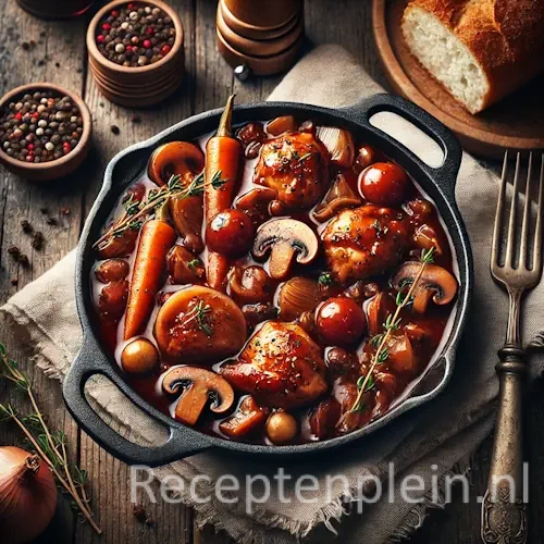 Coq au vin met kip in rode wijnsaus op rustieke houten tafel